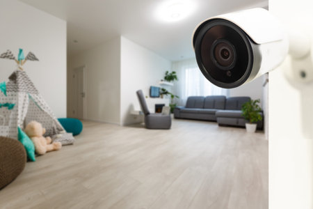 Interior Of Modern Empty Living Room With Security Camera In House.