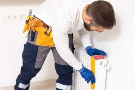 man repairing radiator with wrench. Removing air from the radiatorの写真素材