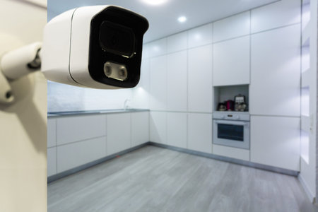 Close Up Object Shot of a Modern Wi-Fi Surveillance Camera on a White Wall in a Cozy Apartment