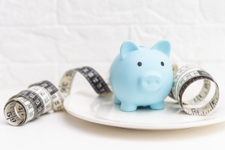 a measuring tape and a piggy bank in a white plateの写真素材
