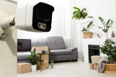 Interior Of Modern Empty Living Room With Security Camera In House.