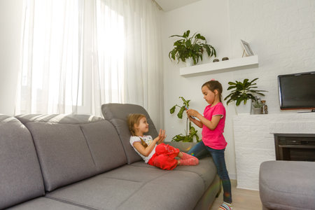 Two adorable little sisters taking photo of themselfの写真素材