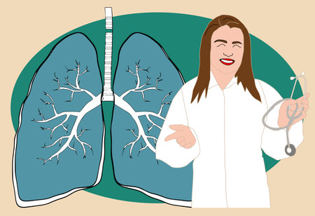 Pulmonology illustration. Flat tiny lungs healthcare persons concept. Abstract respiratory system examination and treatment. Internal organ inspection check for illness, disease or problems.のイラスト素材