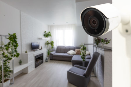 Close Up Object Shot of a Modern Wi-Fi Surveillance Camera on a White Wall in a Cozy Apartmentの写真素材