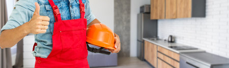 Professional builder with tool belt, space for text