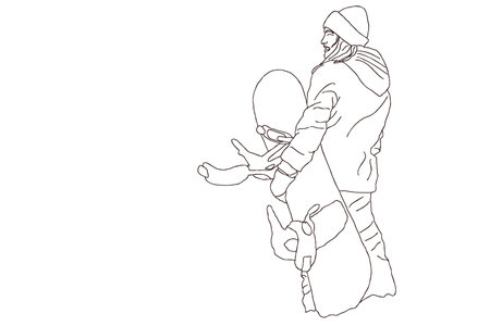 Girl snowboarder sliding down. Outline illustrationのイラスト素材