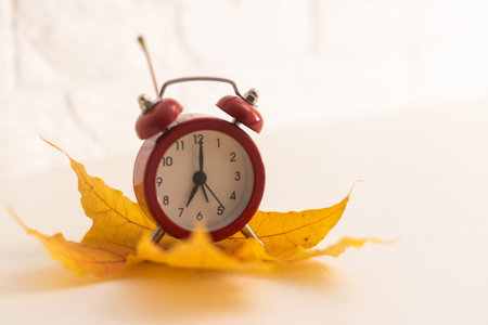 Red alarm clock and flying leaves on autumnal orange background. Back to school concept.