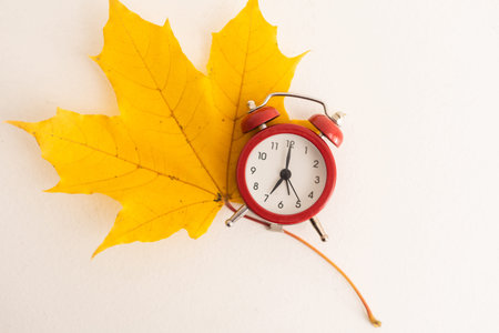 Vintage black alarm clock on autumn leaves. Time change abstract photo. Daylight saving time.