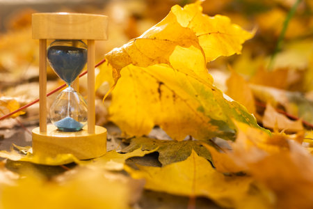 Autumn time theme, Sandglass on fallen leaves in various colors with copy spaceの写真素材