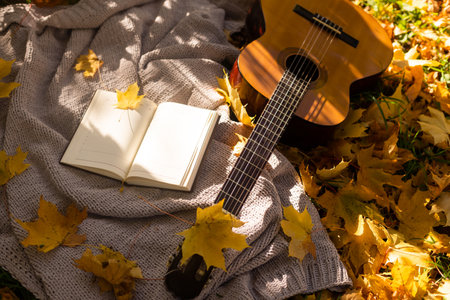 Autumn background with books, guitar and plaidの写真素材