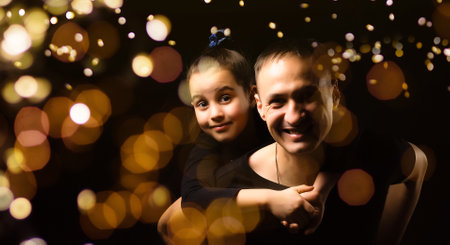 family and garland bokeh backgroundの写真素材