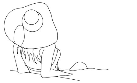 Young woman on the beach sitting. Line art vector illustration. Continuous line drawing of a girl in a hat back view. Summer vacation. Summer time conceptのイラスト素材