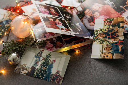 Photos of family against Christmas lights decor backgroundの写真素材