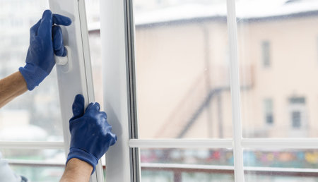 installation of plastic in a frame house, the builder screws the window frame to the slopes with a screwdriver. close-up.の写真素材