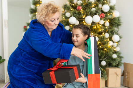 grandmother and granddaughter christmas with flag of united arab emirates at christmasの写真素材