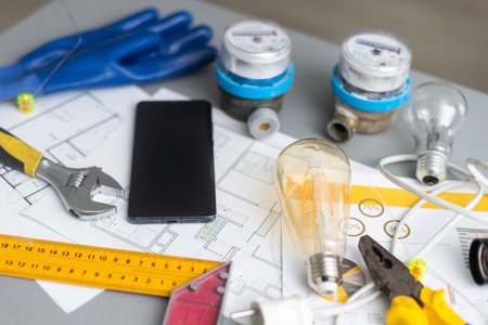 Workplace of architect - Architectural project, blueprints, blueprint rolls and smartphone on plans....
