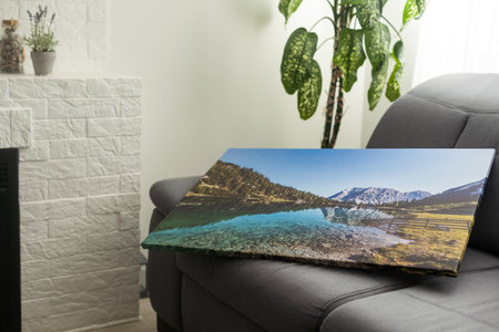 Print photography on canvas. Stretched photo canvas with gallery wrapping method, closeup, side viewの写真素材