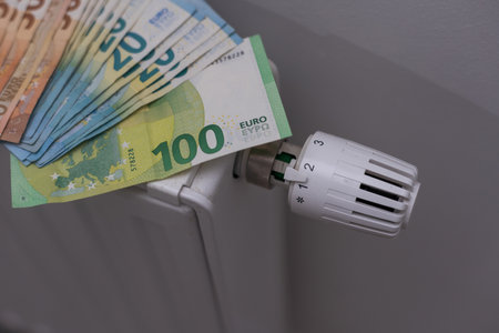 Expensive heating costs. Paying bills. Euro money paper banknotes falling into heating radiator battery at home.の写真素材