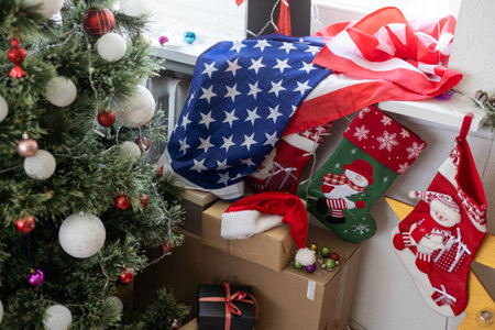 American flag and christmas tree. Greeting cardの写真素材
