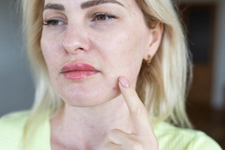 Real biorevitalization of the skin on a white background. Traces of injections of biorevitalization on the face of a woman. Traces of biorevitalization needles.の写真素材