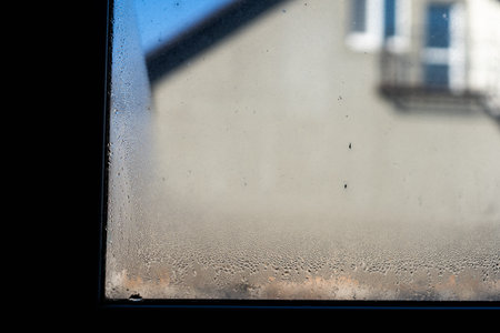 Water droplets condensation background of dew on glass, humidity and foggy blank. Outside , bad...