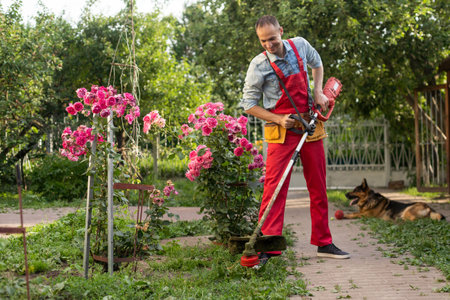 Man worker cutting grass with lawn mower