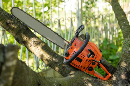 Chainsaw on wooden stump or firewood. Cut tree machine wide banner, or copy space for textの写真素材