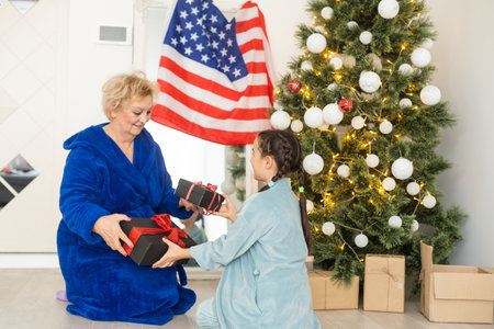 grandmother and granddaughter christmas with usa flagの写真素材