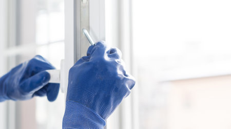 installation of plastic in a frame house, the builder screws the window frame to the slopes with a screwdriver. close-up.の写真素材
