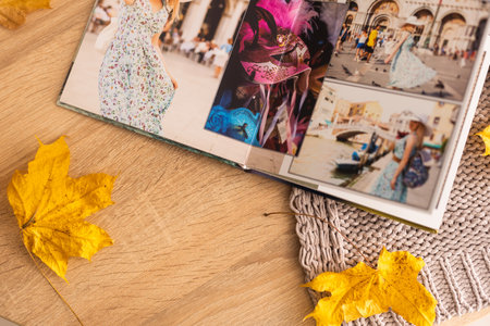 Photo album with autumn yellow leaves.の写真素材