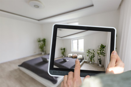 Hands holding tablet showing plans in finished room. Modern apartment. Technical drawing. Home Interior Design Software Programs. renovation. Construction, appliances, decorations.の写真素材