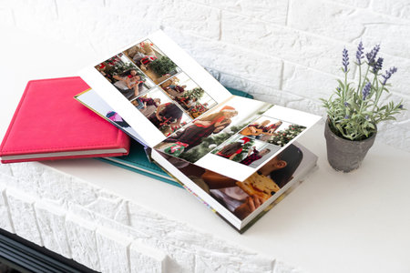 young family photo book. Christmas on the background. Christmas holiday