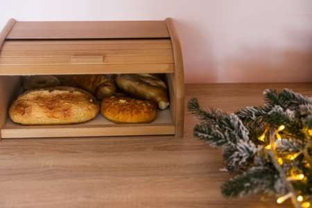 Christmas decor on table in kitchenの写真素材