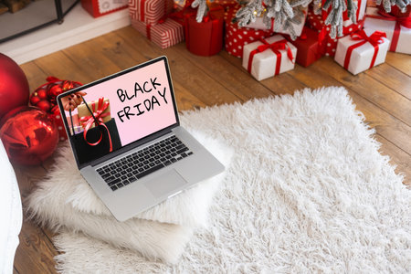 Black Friday shopping concept written in laptops black screen against blurred christmas lights backgroundの写真素材