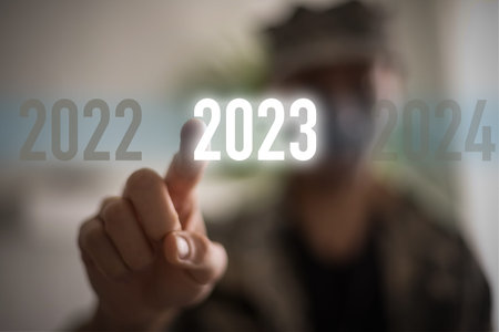 Stop the War concept. Text and hand virtual numbers 2023, military