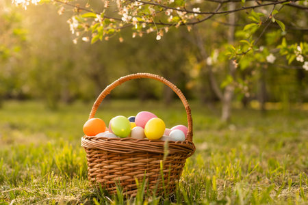 Close up of colorful Easter eggs in a basket