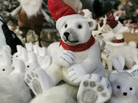 soft toys for the Christmas tree. Decor for the New Year. Background with copy space for text.の写真素材