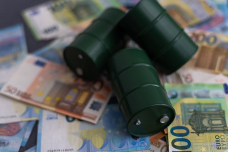 Three barrels of oil surrounded by money. Oil production. Black gold. Increase in profit from sale.