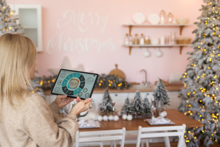 Woman at home using smart screen, automation domestic system at Christmasの写真素材