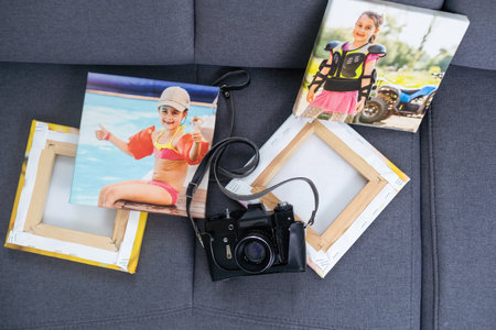 Canvas print. photo with gallery wrap method of canvas stretching on stretcher bar. Sample of stretched color photograph printed on canvas, lateral side, closeup.の写真素材