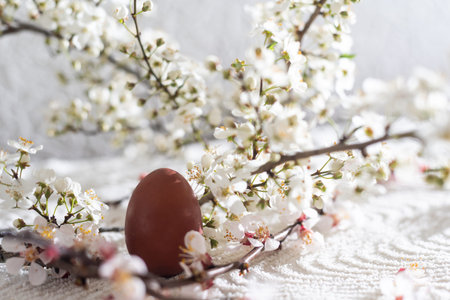 Easter decorative composition with painted eggs, flowering branches.