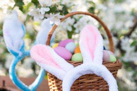a basket with painted eggs and rabbit ears, Easterの写真素材