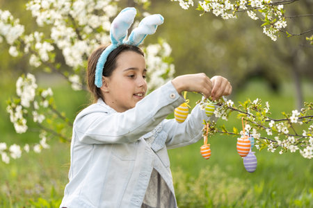 Adorable little girl in bunny ears, blooming tree branch outdoors on a spring day. Kid having fun on...