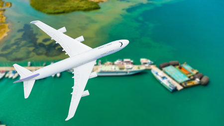 Airplane flying over beach with palm tree, white sand and turquoise ocean