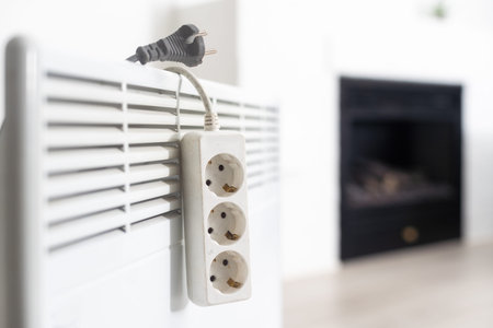 Electric heater plug inserted into extension cord. White radiator for home and office. House heating...