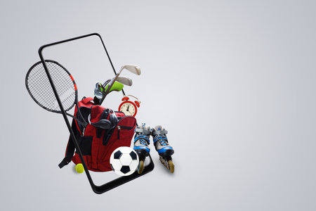 Fitness, training and workout app: sports equipment and icons on a touch screen smartphone.の写真素材