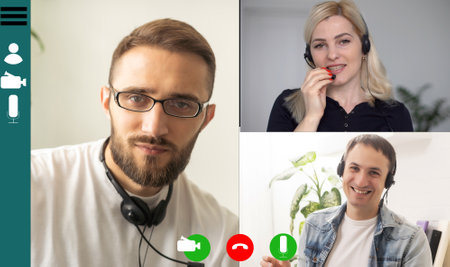 video conference. Multiethnic business team for a online meeting in video call. Group of people smart working from homeの写真素材