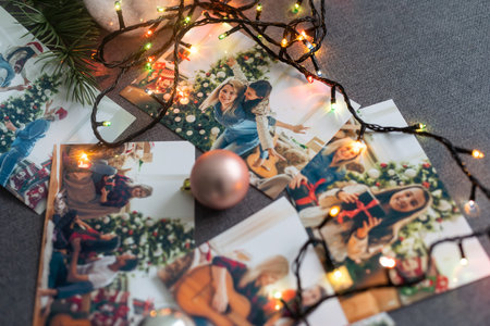 Photos of family against Christmas lights decor background
