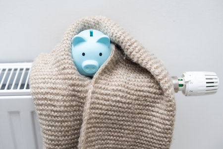 Heating radiator with piggy bank and warm clothes indoorの写真素材