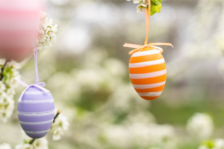 Easter decorative composition with painted eggs, flowering branches.の写真素材